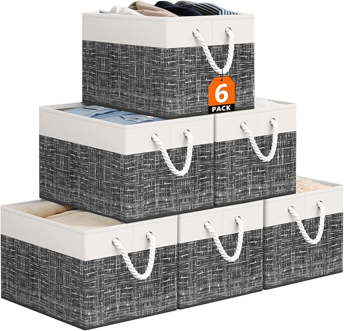Storage Bin,Collapsible Storage Basket For Organizing,Large Storage Boxes With Rope Handles,Storage Containers,White & Black,6 Pack by StorageTastic