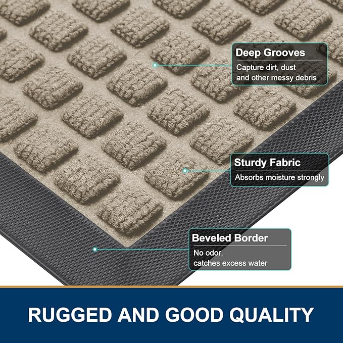 Smiry Front Door Mat Outside Entrance, Heavy Duty Natural Rubber Doormat, Non Slip, Trap Dirt and Moisture, Easy Clean, Low Profile Welcome Floor Mats for Indoor Outdoor Entry, 35x23 Inch, Beige - Image 3