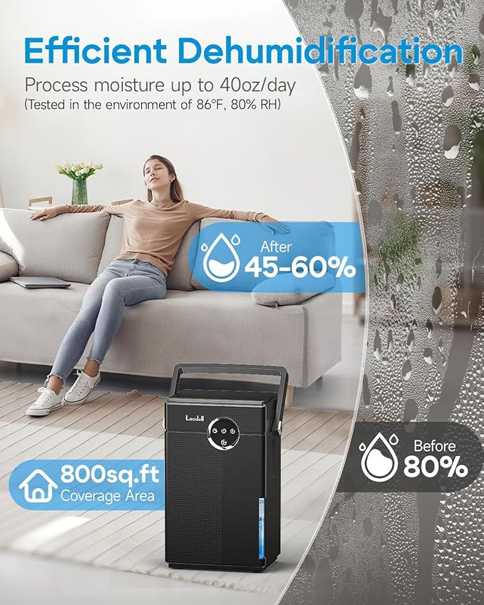 Small Dehumidifier with Drain Hose, Portable Dehumidifier for Bathroom, 118oz Dehumidifiers for Home 800 sq ft with 7 Colorful Light, Quiet Dehumidifiers for Bedroom RV Closet Basement - Image 3