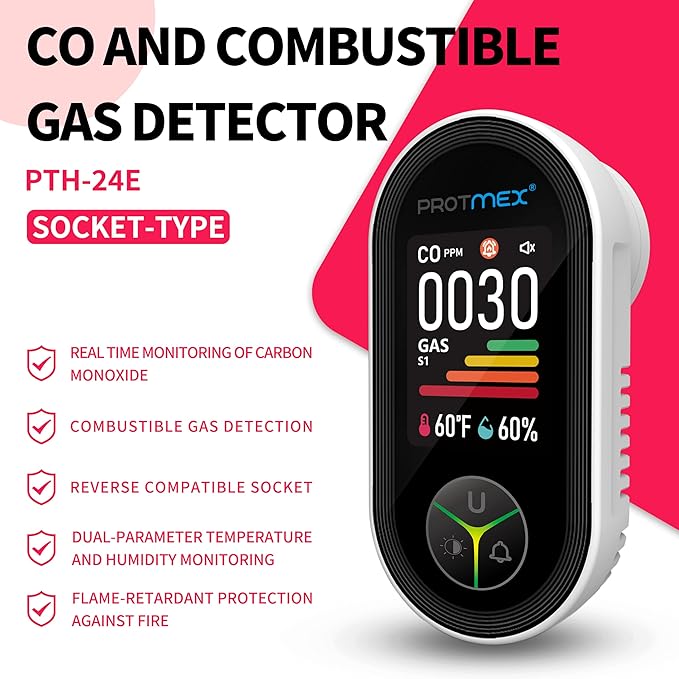 Protmex 4-in-1 Carbon Monoxide & Gas Detectors Plug in Large LCD Screen, Home CO Gas Detector with Temperature & Humidity Monitoring - 4 in 1 CO and Gas Detector Easy Installation for Home Travel - Image 2