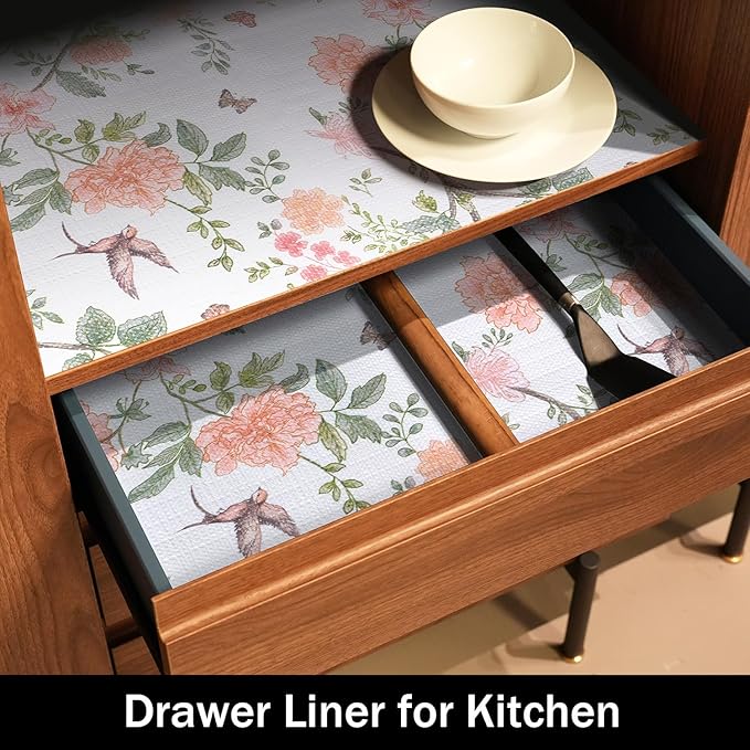 Bird Floral Shelf Liners Non Adhesive and Strong Non-Slip Shelf and Drawer Liners for Kitchen Cabinet Wire Fridge, Waterproof Shelf Drawer Liner,Easy to Clean,12IN x 10FT - Image 3