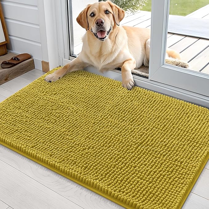 OLANLY Dog Door Mat for Muddy Paws 36x24, Absorbs Moisture and Dirt, Absorbent Non-Slip Washable Doormat, Quick Dry Chenille Mud Mat, Entry Indoor Entryway Carpet for Inside Floor, Mustard Yellow by OLANLY