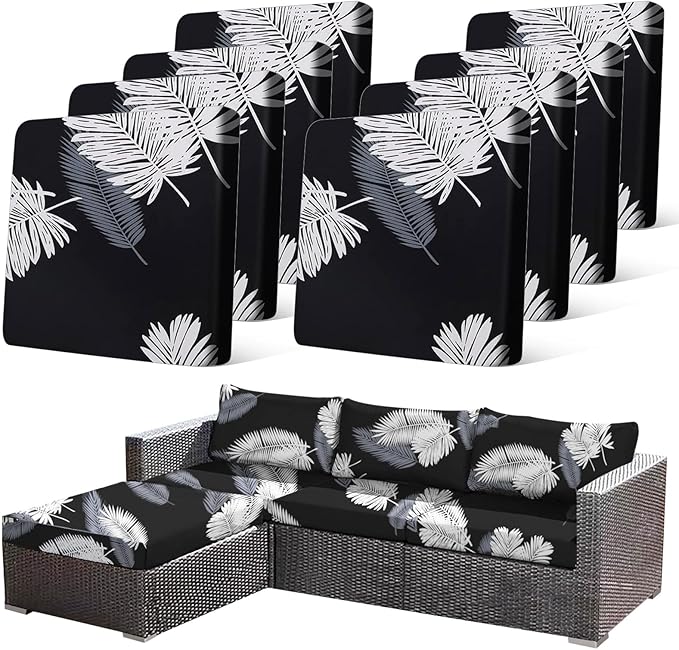 8Pcs Stretch Patio Cushion Covers Dustproof Outdoor Cushion Covers Washable Patio Couch Cover Slipcovers for Outdoor Furniture Protector Replacement(Black Palm Leaves, Cover Only) by CALBODE