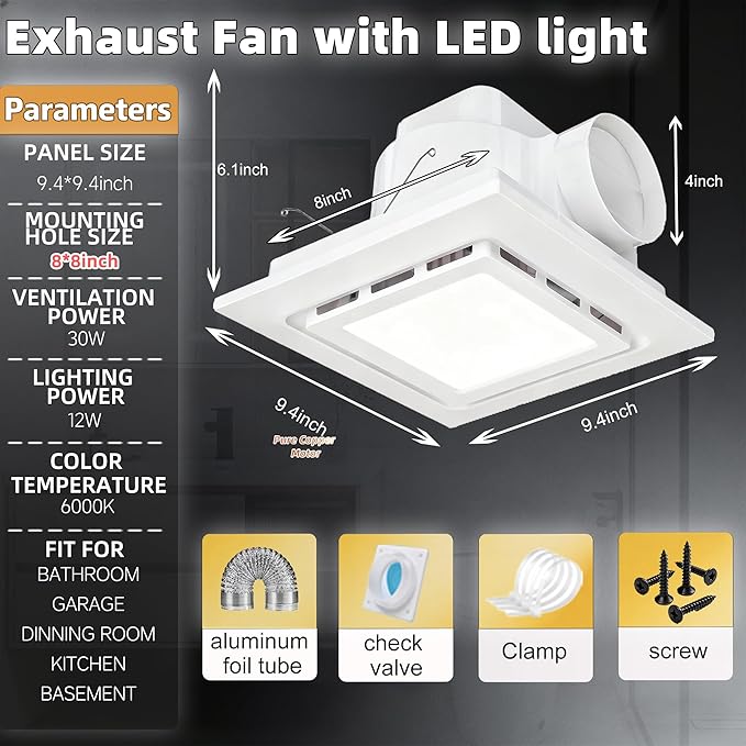 9.4" Quiet Bathroom Exhaust Fan with Led Lights, 110 CFM Whisper 1.0 sone, Ceiling 8"x8" Opening Square Panel Vent, Extractor for Ventilation, Garage, Basement, - Image 2