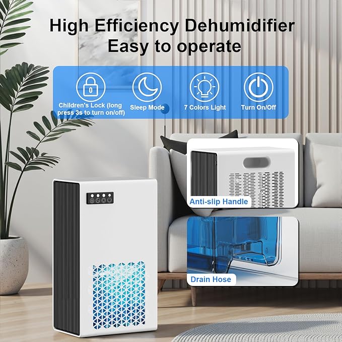 Dehumidifiers for Home, 99oz Water Tank Dehumidifier for Bedroom Basement Bathroom RV with Auto Shut Off, Drain Hose, Sleep Mode, (White) - Image 8