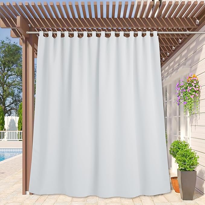 RYB HOME Extra Wide Outdoor Curtains for Patio Waterproof Tab Top Heavy Duty Thermal Insulated in Summer Full Coverage Privacy for Porch, Gazebo & Pergola, W100 x L84, Greyish White, 1 Panel by RYBHOME