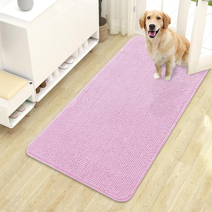OLANLY Dog Door Mat for Muddy Paws 44x24, Absorbs Moisture and Dirt, Absorbent Non-Slip Washable Doormat, Quick Dry Chenille Mud Mat for Dogs, Entry Indoor Entryway Carpet for Inside Floor, Pink by OLANLY