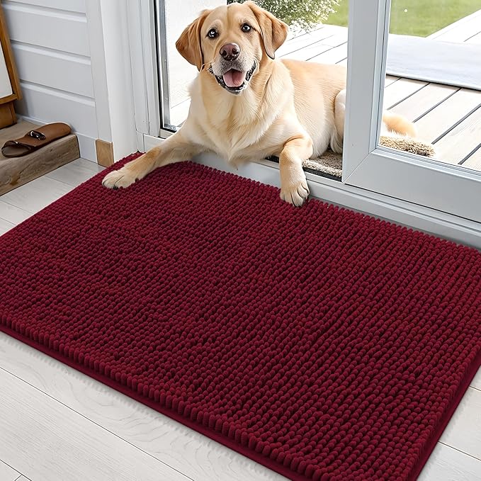 OLANLY Dog Door Mat for Muddy Paws 36x24, Absorbs Moisture and Dirt, Absorbent Non-Slip Washable Doormat, Quick Dry Chenille Mud Mat for Dogs, Entry Indoor Entryway Carpet for Inside Floor, Burgundy by OLANLY