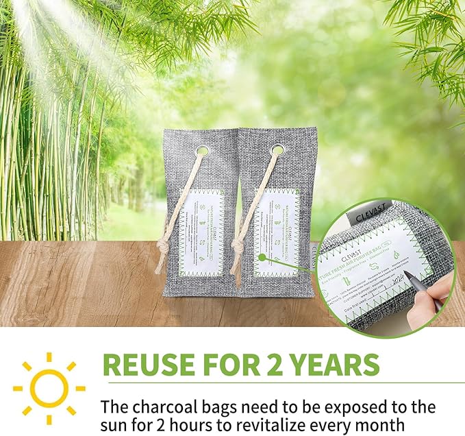 CLEVAST 6 Pack Charcoal Air Purifying Bags(6x60g), Activated Bamboo Natural Fresh Odor Absorber, Deodorizer and Moisture Eliminator, Air Purifier Bags for Home, Closet, Shoes, Car Air freshener - Image 5