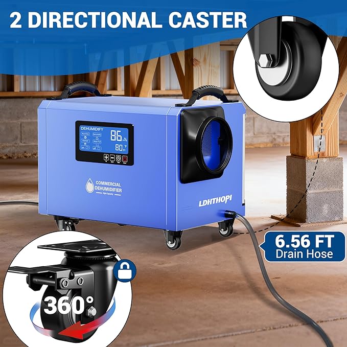 LDHTHOPI 145 Pint Commercial Dehumidifier with Drain Hose for Crawl Spaces Basements Industry Water Damage Unit Restoration, Up to 6000 Sq.Ft, Auto Defrost, Memory Starting(Gift Directional Wheels) - Image 4
