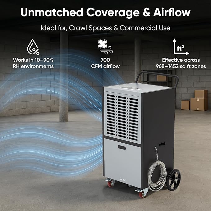 190 Pints Commercial Dehumidifier for Basements & Industrial Spaces – Built-In Pump, Drain Hose, Continuous Operation, 2-Speed Fan, 15000 Sq Ft Coverage - Image 5