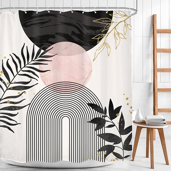 Black Pink Boho Shower Curtain Mid Century Modern Abstract Bohemian Minimalist Gold Leaves Sun Arch Geometric Plant 60Wx72H Bathroom Decor Neutral Bath Curtain Fabric Polyester 12 Pack Hooks - Image 2
