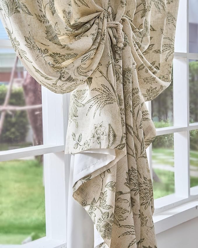 jinchan Lined Linen Floral Curtains for Living Room, 63 Inch Length Printed Flower Farmhouse Patterned French Country Back Tab Green Window Drapes Set Privacy Bedroom Curtains, 2 Panels - Image 7