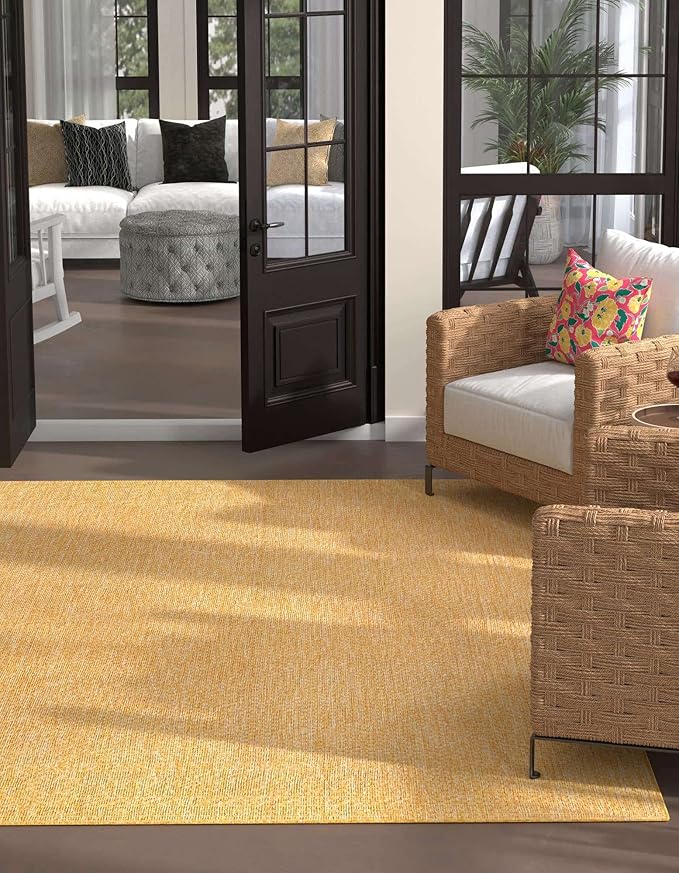 Unique Loom Collection Casual Transitional Solid Heathered Indoor/Outdoor Flatweave Area Rug (10' 8" Square, Corn Harvest Yellow) - Image 3