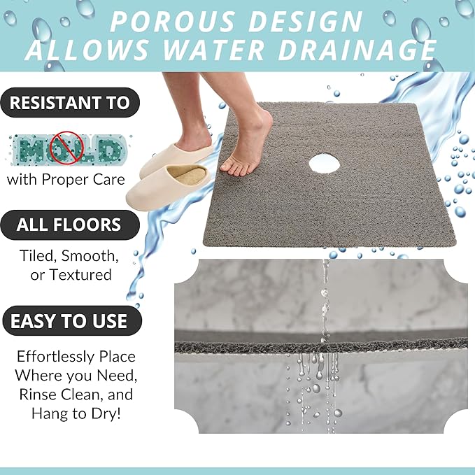 Enkosi Loofah Shower Mat with Drain Hole – Cushioned Anti-Slip Square Bath Mat for Showers, and Bathroom Floors – Textured PVC, Non Slip Safety Pad for Walk-in Stalls and Wet Areas (27x27 Grey) - Image 4