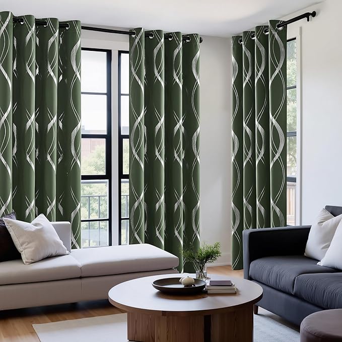 NICETOWN 100% Blackout Curtains 84 inch Length 2 Panels Set, Dark Mallard, 52" x 84", Noise Reducing Thermal Insulated Wave Line Foil Print Design Blackout Curtains for Hall Closet Villa Door - Image 4