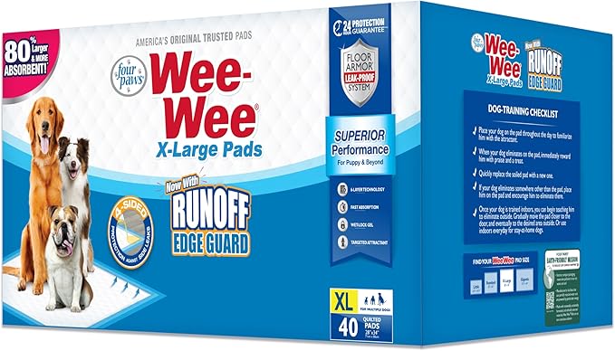 Four Paws Wee-Wee Superior Performance Pee Pads for Dogs with Runoff Barrier Edge Guard Protection, Puppy & Dog Potty Training Pads, Housebreaking Supplies, 28" x 34" (6 Count) by FourPaws
