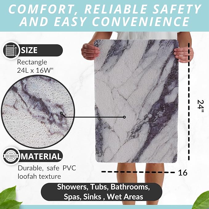 ENKOSI Loofah Non-Slip Shower and Bath Mat - Soft Cushioned Comfort - No Suction Cups for Smooth or Textured Tubs - Fast Draining - Safety for Bathroom, Family, and Elderly (24x16 Marble Grey Blue) - Image 3