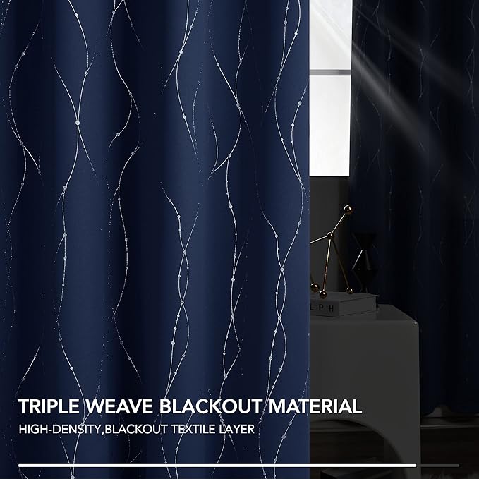 Deconovo Navy Blue Curtains, Blackout Curtain for Bedroom, 42 x 72 Inch, Thermal Insulated Soundproof Privacy Drapes with Silver Wave Dots Pattern, Grommet Top, Machine Washable Panel for Living Room - Image 5
