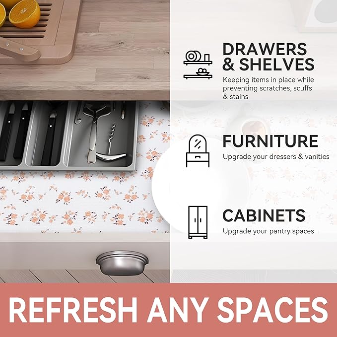 RAY STAR Shelf Liner, Non Adhesive Pink Orange Floral Printed Kitchen Cabinet Liner for Pantry Drawer Vanity, Strong Grip Non Slip, Shelf Liners for Kitchen Cabinets Cupboard 18 Inch x 8 FT (4 Rolls) - Image 6