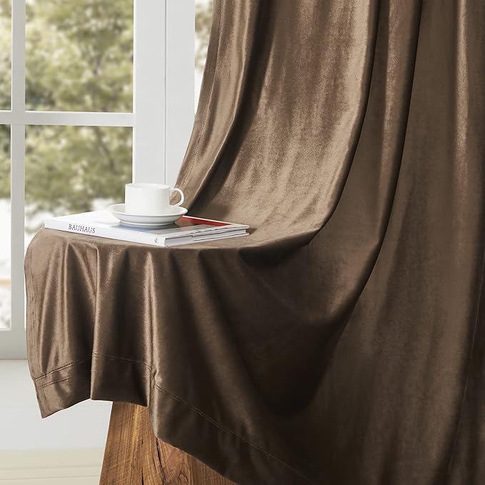 BULBUL Brown Velvet Curtains 96 inches: Luxury Elegant Living Room Curtain - Blackout Modern Thermal Insulated Soundproof Privacy Room Darkening Floor to Ceiling Soft Drapes for Bedroom Set of 2 - Image 6