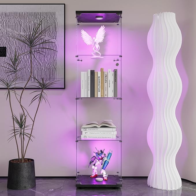 Yoluckea 4 Shelves Glass Display Cabinet with LED Light and Door, Curio Collection Glass Display Case for Home Office, Floor Standing Bookshelf Corner Cabinet (Black) - Image 3