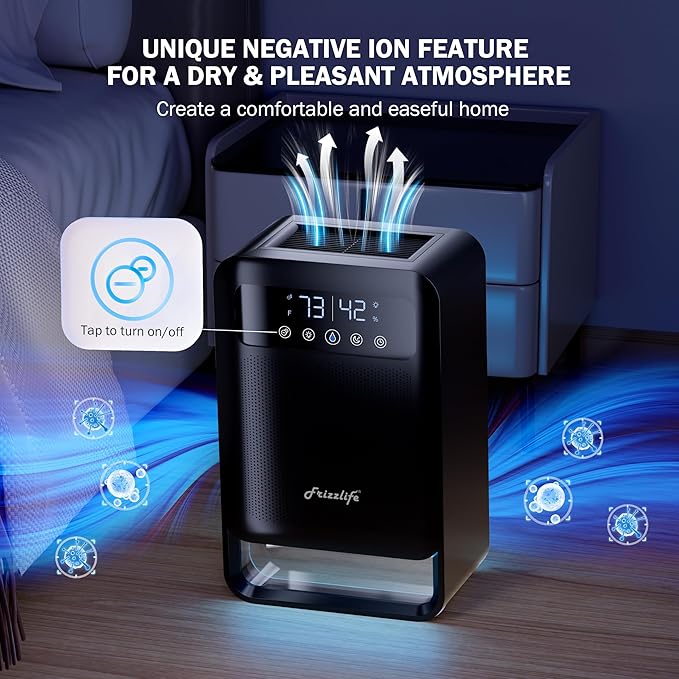Frizzlife Air Dehumidifier, 135oz Water Tank W/Purifying Function, Quiet Small Dehumidifiers With Sleep Mode For Home, Bedroom, Bathroom, Basement W/Auto Shut Off, 7 Colors LED Light, Black - Image 4