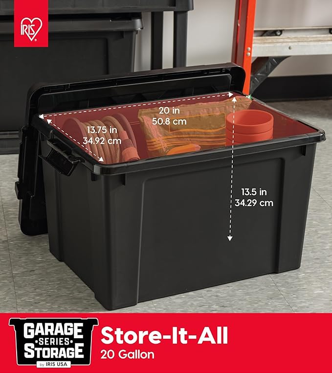 IRIS USA 20 Gallon Lockable Storage Bins with Lids, 6 Pack - Made in USA, Heavy Duty, Stackable Containers, Garage Organizing Bins Moving Tubs, Rugged Sturdy Equipment Utility Box - Black - Image 3