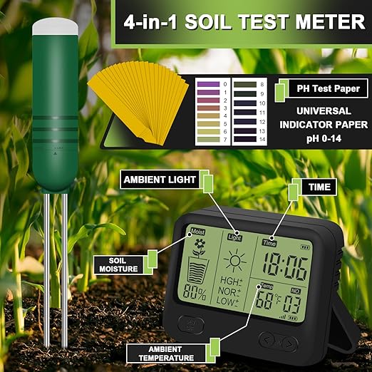 4-in-1 Wireless Soil Moisture Meter/Thermometer/Sunlight/Time,PH Paper, Waterproof Plant Moisture Sensor Meter with Digital LCD Display for Garden, Lawn and Indoor Plants - Image 2