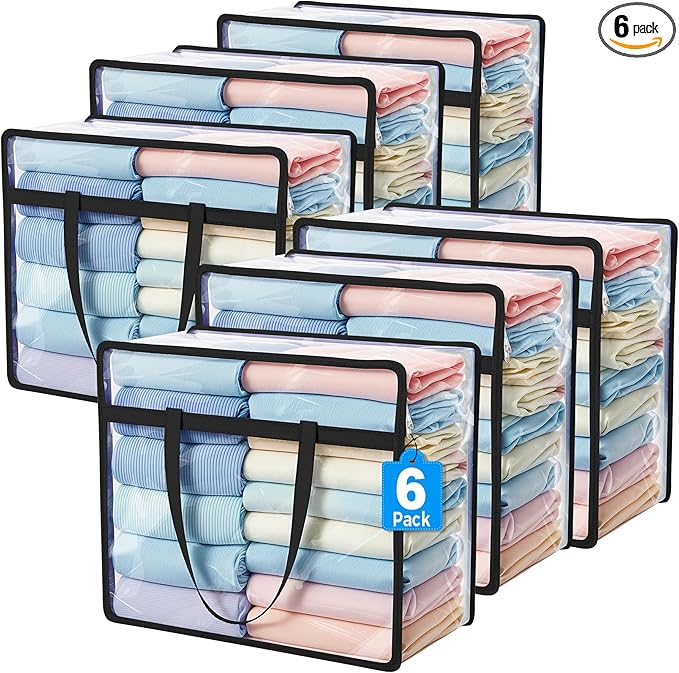 Budding Joy 6 Pack Clear Zippered Storage Bags for Clothes,40L Closet Organizers and Storage Containers Vinyl Moving Bag for Bedding, Linen, Blankets, Comforters, Clothing & Toys, Black by BuddingJoy-BuildaJoyfulLifeforYou