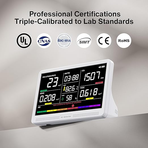 bonoch 16 in 1 Air Quality Monitor Indoor 7" Display 9 AQI+7 AQI Alerts, CO2 Monitor Air Quality Tester for CO2, TVOC, PM2.5 PM1.0 PM10, HCHO Temperature Humidity AQI & Time Air Quality Meter for Home - Image 6