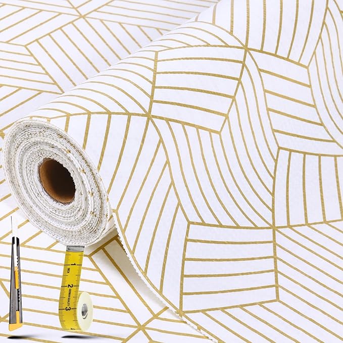 Shelf Liners for Kitchen Cabinets 12in x 20FT, Non Adhesive Cabinet Liner Strong Non-Slip Thickened Gold Geometric Drawer Liner, Easy to Clean for Shelf, Cabinet with Knife and Tape Measure by Kimhan