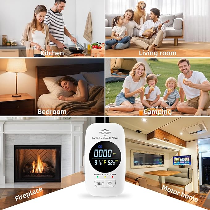Carbon Monoxide Detector with Loud Voice Alarm, 3-in-1 CO Gas Monitor with Temperature & Humidity Display, Adjustable Brightness Screen, Self-Test Function Safety Device for Home Kitchen RV - Image 6