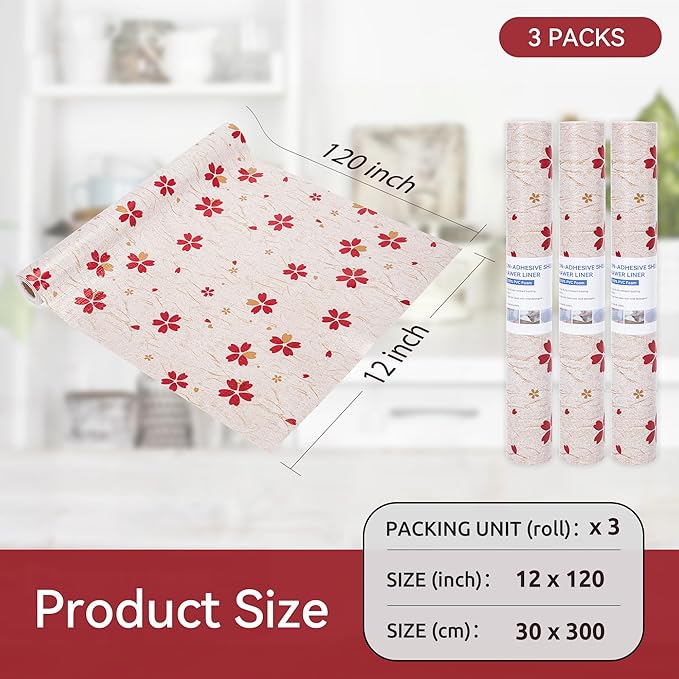 FIFTY FEET 12"x120" Non-Adhesive Shelf Liner for Kitchen Cabinets and Drawers, Washable Non-Slip PVC Cabinet Liner (Red Floral)(3 Roll) - Image 5