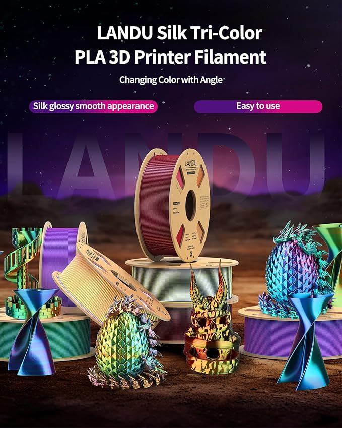LANDU Silk Tri-Color PLA Filament 1.75mm 1Kg, Triple Color Silk PLA Filament, Silk Rainbow PLA Filament, Neatly Wound 3D Printer Filament, 3 in 1 Multi Color Filament +/-0.02mm, Silk Yellow Pink Blue - Image 6