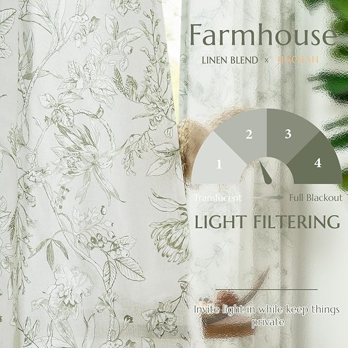 jinchan Floral Curtains 63 Inch Length Sage Green Flower Linen Farmhouse Curtain for Living Room French Country Vintage Curtain Rod Pocket Curtains Set 2 Panels Floral Printed - Image 3