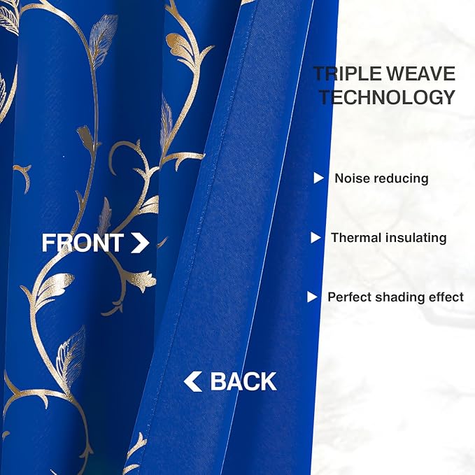 BUHUA Blackout Curtains Gold Foil Print Flower Vine Grommet Drapes, Room Darkening Thermal Insulated Curtains, Noise Reducing Curtain for Bedroom, Royal Blue, 52Wx63L, 2 Panels - Image 6