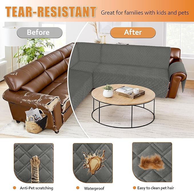 Arfntevss Waterproof Sectional Couch Covers L Shape Washable Velvet Sofa Cover for Sectional Non Slip Large Corner Slipcovers Dog 6 Pcs Universal U Shaped Furniture Protector (Dark Grey, Large) - Image 7