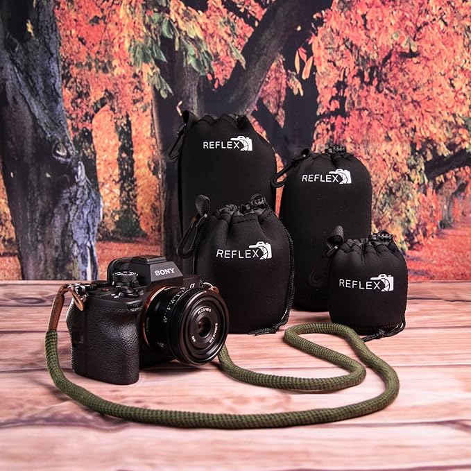 REFLEX CAMERA Drawstring Camera Lens Pouches 4 Pack (S/M/L/XL) Thick Padded Pouch Set for Maximum Protection Waterproof Shockproof Dust Resistant Neoprene Cases for Canon, Nikon, Pentax, Sony, Olympus - Image 3