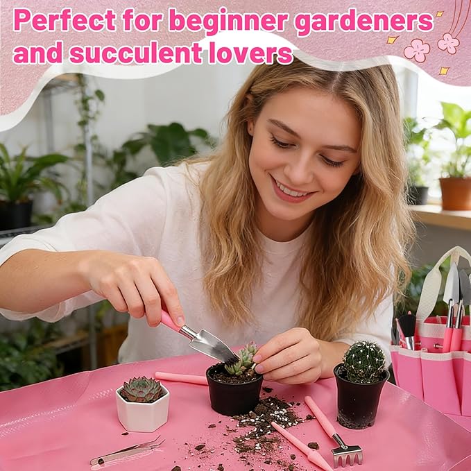 44pcs Small Gardening Tools Gifts for Women Beginners - Garden Hand Tools Set for Indoor Succulent Bonsai Plants Transplanting, Included Bag/Repotting Mat/Shovel/Labels, Pink - Image 4