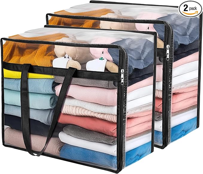 Budding Joy Clear Zippered Storage Bags for Clothes,40L Closet Organizers and Storage Containers Vinyl Moving Bag for Bedding, Linen, Blankets, Comforters, Clothing & Toys, Black, 2 Pack by BuddingJoy-BuildaJoyfulLifeforYou