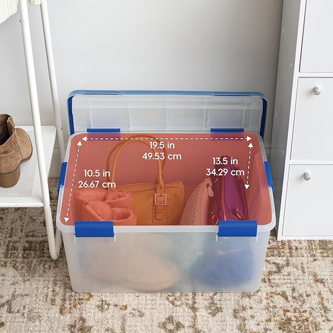 IRIS USA 60 Quart WEATHERPRO Plastic Storage Box with Durable Lid and Seal and Secure Latching Buckles, 3 Pack, Weathertight, Keep Pest Dust and Moisture Out, for Oversized Bulky Items, Clear/Blue - Image 3