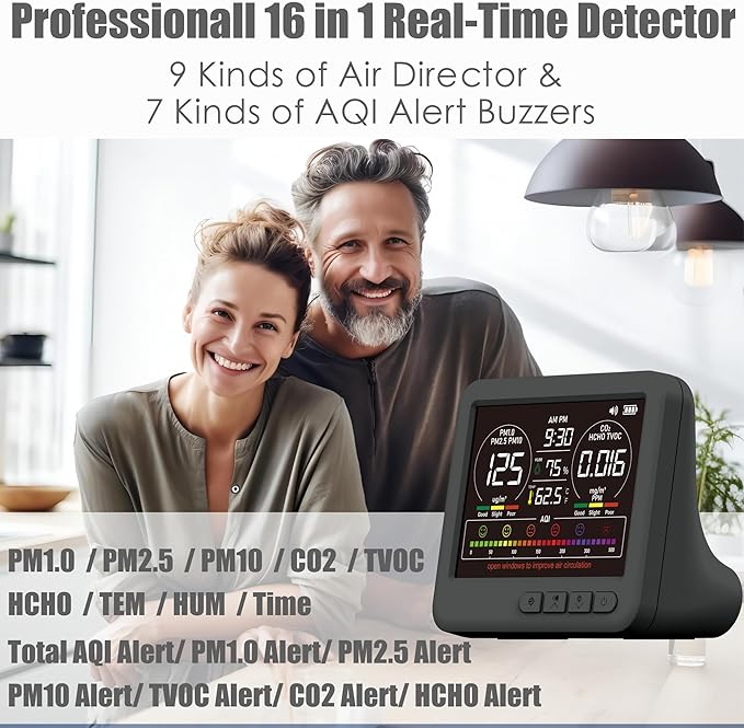 Professional Indoor Air Quality Monitor with 7X AQI Alarms,16 in 1 Portable Real-Time Detector for PM2.5 | PM10 | CO2 | TVOC | HCHO | Temp | Hum for Home Cars Plants Pets (Black) - Image 2