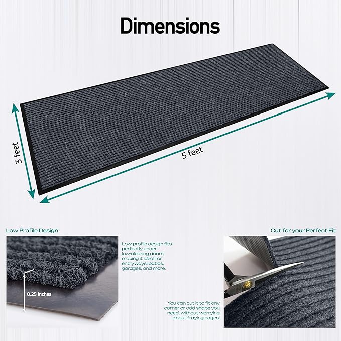 Durable Rubber Door Mat - Heavy Duty, Indoor/Outdoor, Easy Clean, Waterproof, Low-Profile Mat for Entry, Patio, Garage - Stylish (Charcoal, 5' x 3' (Mud Trapper)) - Image 3