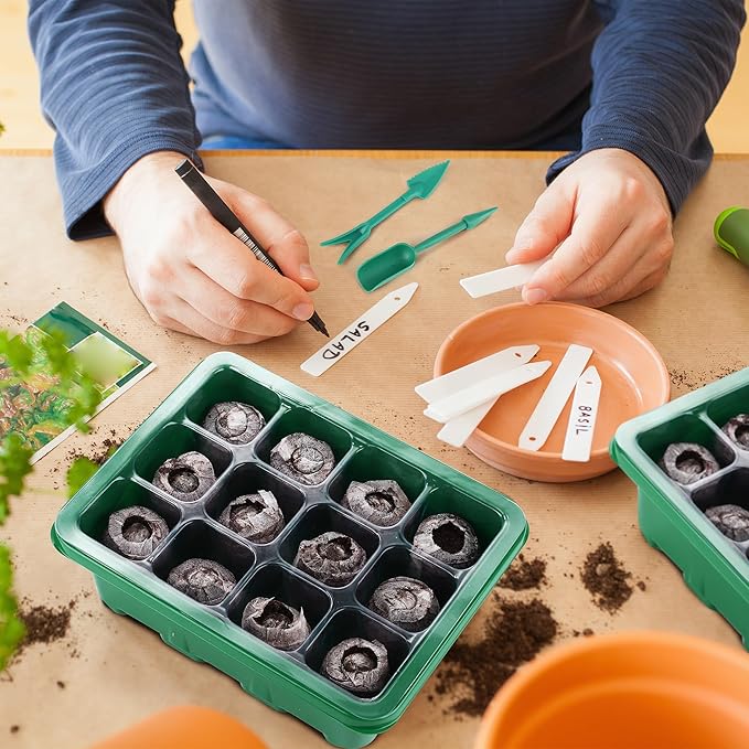 6 Pack Seed Starter Tray Kit with Grow Light and Humidity Dome Germination Trays, 72 Peat Pellets, Plant Labels, Gardening Tools, Green, Modern Style, 7.3 x 5.7 x 4.5 inches - Image 7