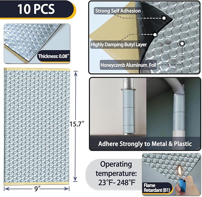TroyStudio Vibration Damping Mat, 10 pcs 15.7 x 9 x 0.08 Inches Self-Adhesive Sound Deadening Sheets, Aluminum Foil Noise Dampening Panels for Vent, Duct Wrap, Pipes, Engine, Water Pump, Audio, Car - Image 2
