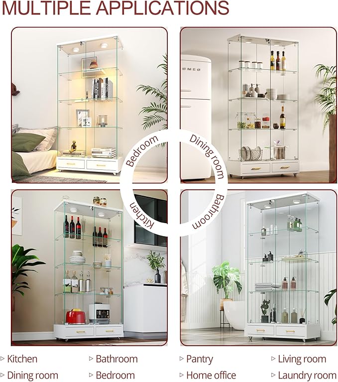 Yoluckea 4 Tier Glass Display Cabinet with LED Lighting and 2 Drawers, 2 Doors Floor Standing Curio Cabinet with Wheel for Home, Office, Corner Display, White Glass Bookshelf for Collections and Decor - Image 6