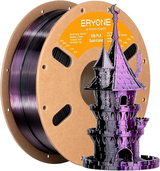 ERYONE Silk Dual Color PLA Filament 3D Printer 1.75mm +/- 0.03mm, Bicolor Filament Two Tone PLA 1KG(2.2lbs) Cardboard Spool, Black Purple by ERYONE