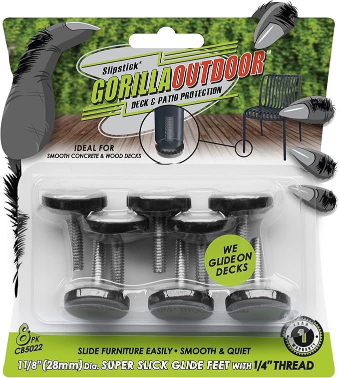 Slipstick Gorilla Outdoor Adjustable Furniture Levelers (8 Pack) Weatherproof Screw in Leg Glides for Chairs, Tables, and Outdoor Furniture Feet, 1-1/8 Inch Slider Glide, 1/4"-20 BSW Thread by Slipstick