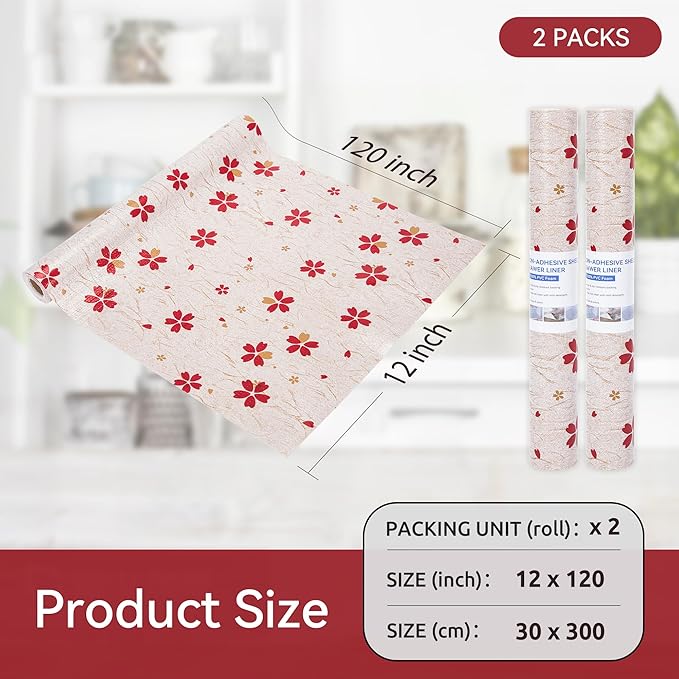 FIFTY FEET 12"x120" Non-Adhesive Shelf Liner for Kitchen Cabinets and Drawers, Washable Non-Slip PVC Cabinet Liner (Red Floral)(2 Roll) - Image 5